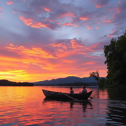 A vibrant sunset over a tranquil lake, reflecting shades of orange, pink, and purple in the sky, surrounded by lush green trees and distant mountains