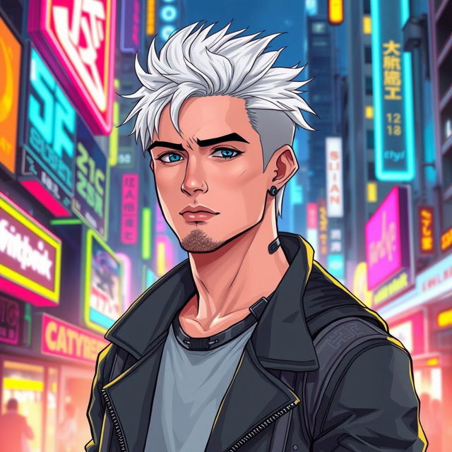 A full body drawing of a traditionally handsome male character in a cyberpunk art style