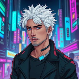 A full body drawing of a traditionally handsome male character in a cyberpunk art style
