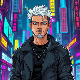 A full body drawing of a traditionally handsome male character in a cyberpunk art style