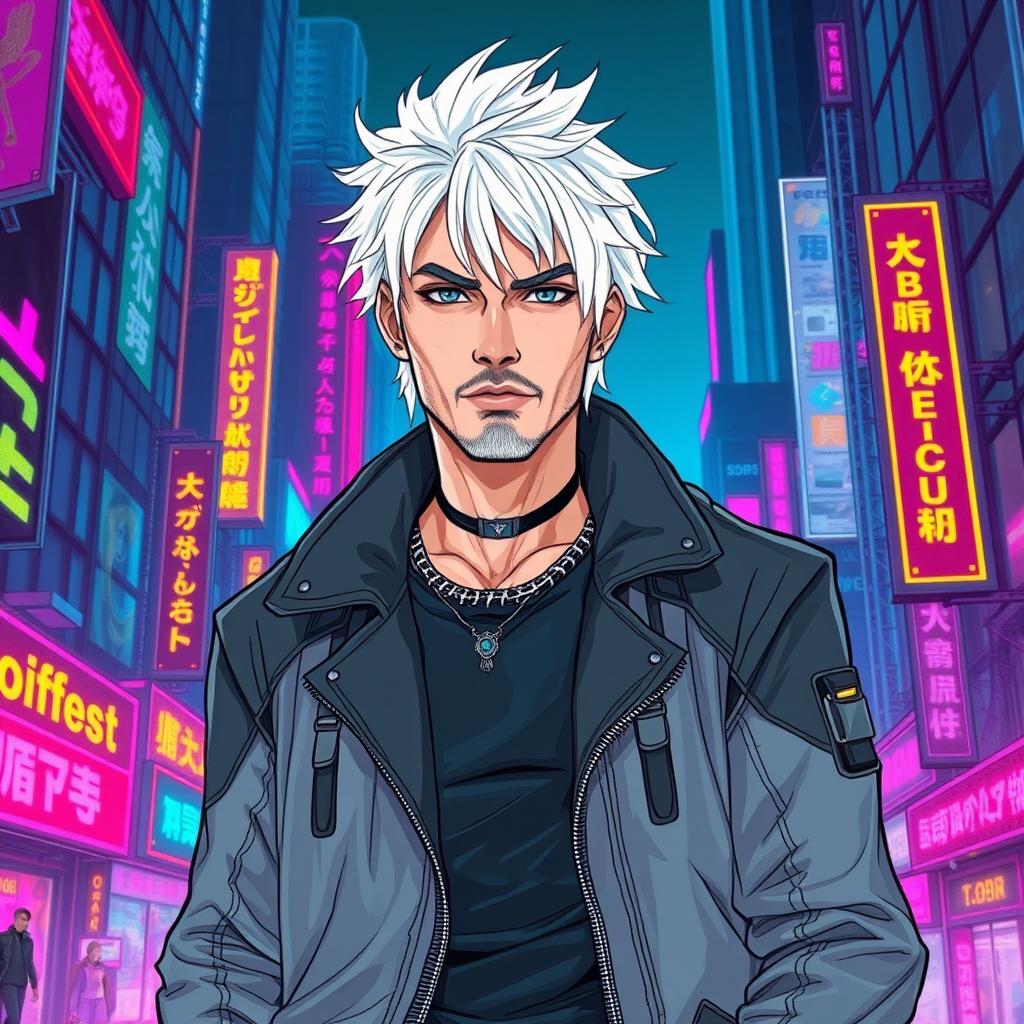 A full body drawing of a traditionally handsome male character in a cyberpunk art style