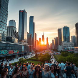 A bustling modern cityscape at sunset, featuring spectacular skyscrapers, vibrant urban life with people engaging in various activities, lush green parks sprinkled throughout the scene, and colorful street art murals