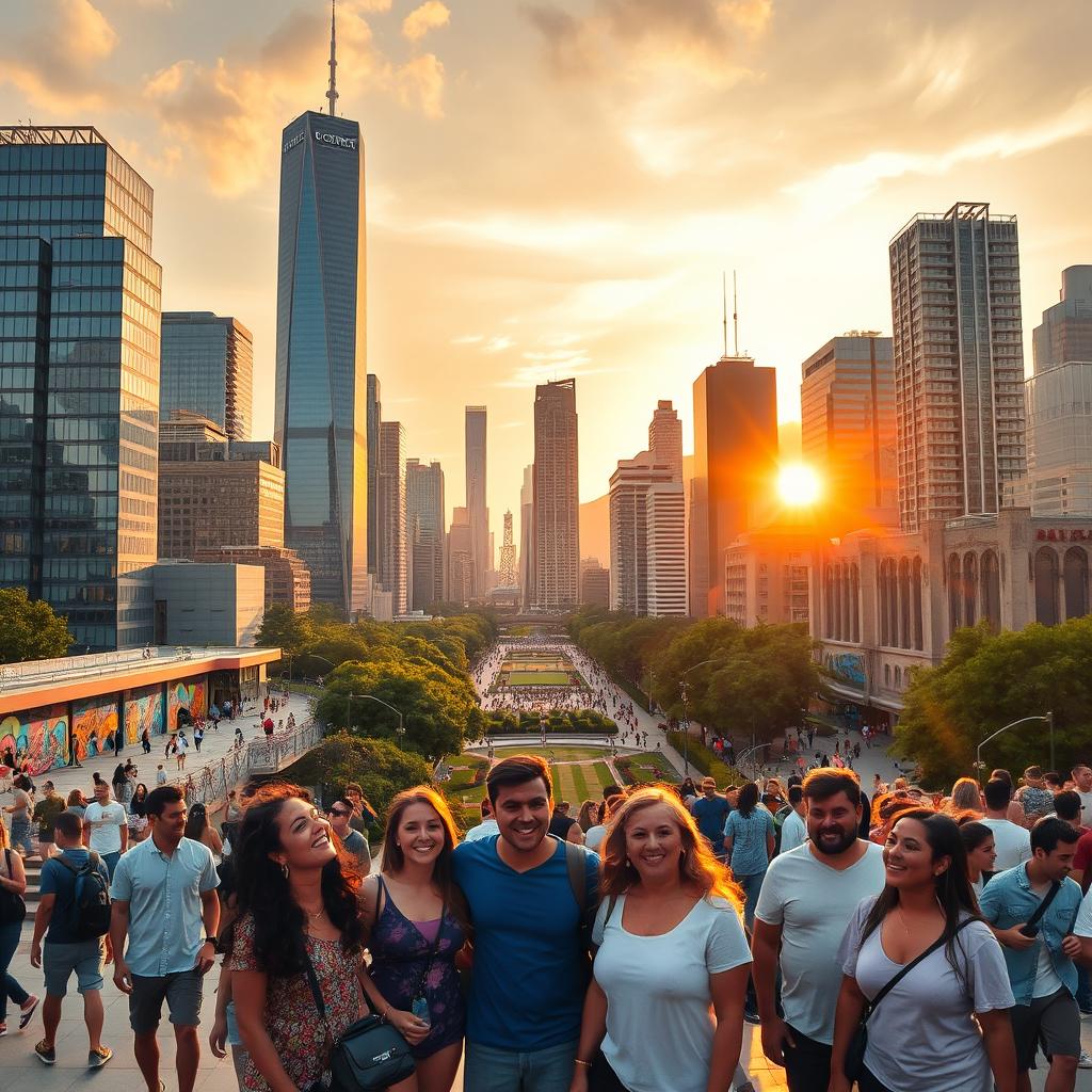 A bustling modern cityscape at sunset, featuring spectacular skyscrapers, vibrant urban life with people engaging in various activities, lush green parks sprinkled throughout the scene, and colorful street art murals