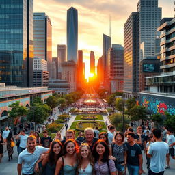 A bustling modern cityscape at sunset, featuring spectacular skyscrapers, vibrant urban life with people engaging in various activities, lush green parks sprinkled throughout the scene, and colorful street art murals