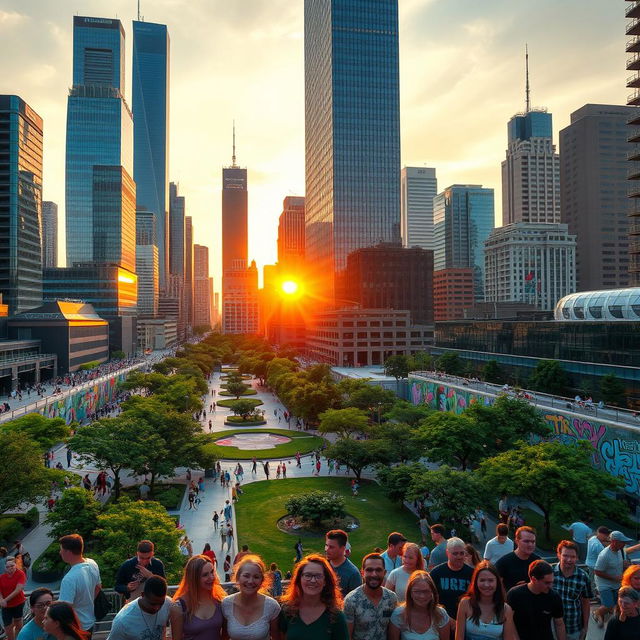 A bustling modern cityscape at sunset, featuring spectacular skyscrapers, vibrant urban life with people engaging in various activities, lush green parks sprinkled throughout the scene, and colorful street art murals