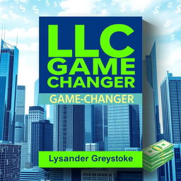 A flat book cover design featuring a realistic cityscape background with towering skyscrapers symbolizing business success and growth