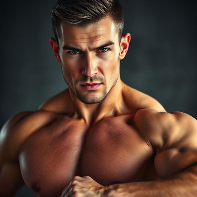 A close-up of a strong, muscular man confidently posing in an athletic setting, showcasing his chiseled physique and masculine features