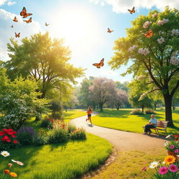 A vibrant and colorful outdoor scene with a beautiful park filled with lush green trees and blooming flowers