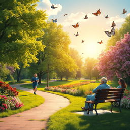 A vibrant and colorful outdoor scene with a beautiful park filled with lush green trees and blooming flowers