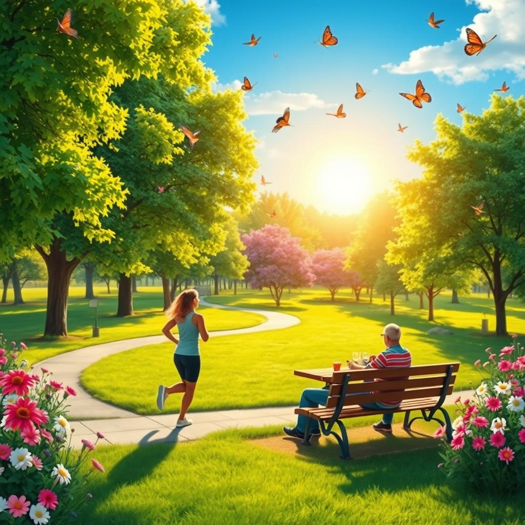 A vibrant and colorful outdoor scene with a beautiful park filled with lush green trees and blooming flowers