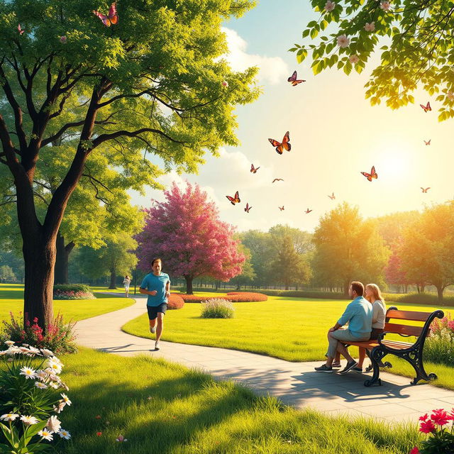 A vibrant and colorful outdoor scene with a beautiful park filled with lush green trees and blooming flowers