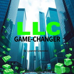 A realistic cityscape featuring tall skyscrapers that symbolize business success and growth, with a bold and large title at the center reading 'LLC GAME-CHANGER'