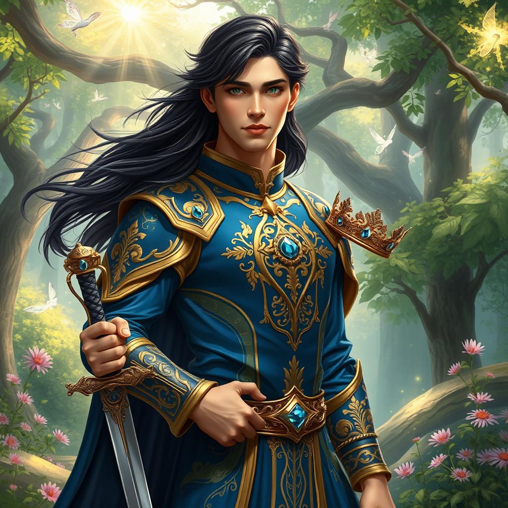 A handsome fantasy prince standing tall in an enchanted forest, dressed in a regal blue and gold tunic embellished with intricate designs and gemstones