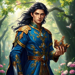 A handsome fantasy prince standing tall in an enchanted forest, dressed in a regal blue and gold tunic embellished with intricate designs and gemstones