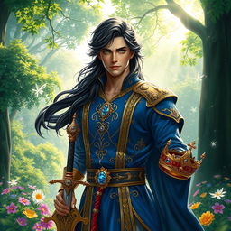 A handsome fantasy prince standing tall in an enchanted forest, dressed in a regal blue and gold tunic embellished with intricate designs and gemstones