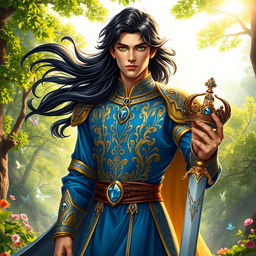 A handsome fantasy prince standing tall in an enchanted forest, dressed in a regal blue and gold tunic embellished with intricate designs and gemstones