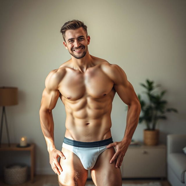 A confident man standing in his underwear, showcasing his physique