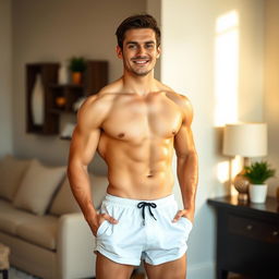 A confident man standing in his underwear, showcasing his physique