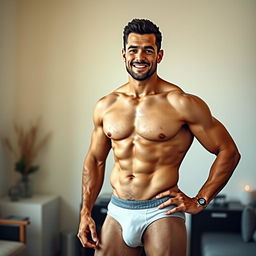 A confident man standing in his underwear, showcasing his physique