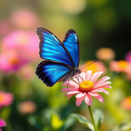 A split image of a stunning and vibrant blue butterfly, perched delicately on a blooming flower, showcasing intricate patterns on its wings