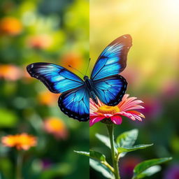 A split image of a stunning and vibrant blue butterfly, perched delicately on a blooming flower, showcasing intricate patterns on its wings