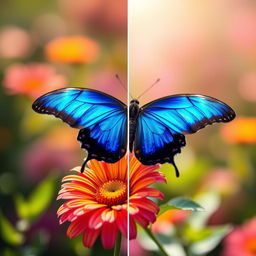 A split image of a stunning and vibrant blue butterfly, perched delicately on a blooming flower, showcasing intricate patterns on its wings
