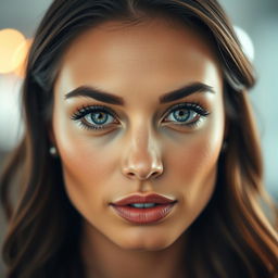 A close-up portrait of a striking woman with captivating features, focusing on her exquisite facial structure