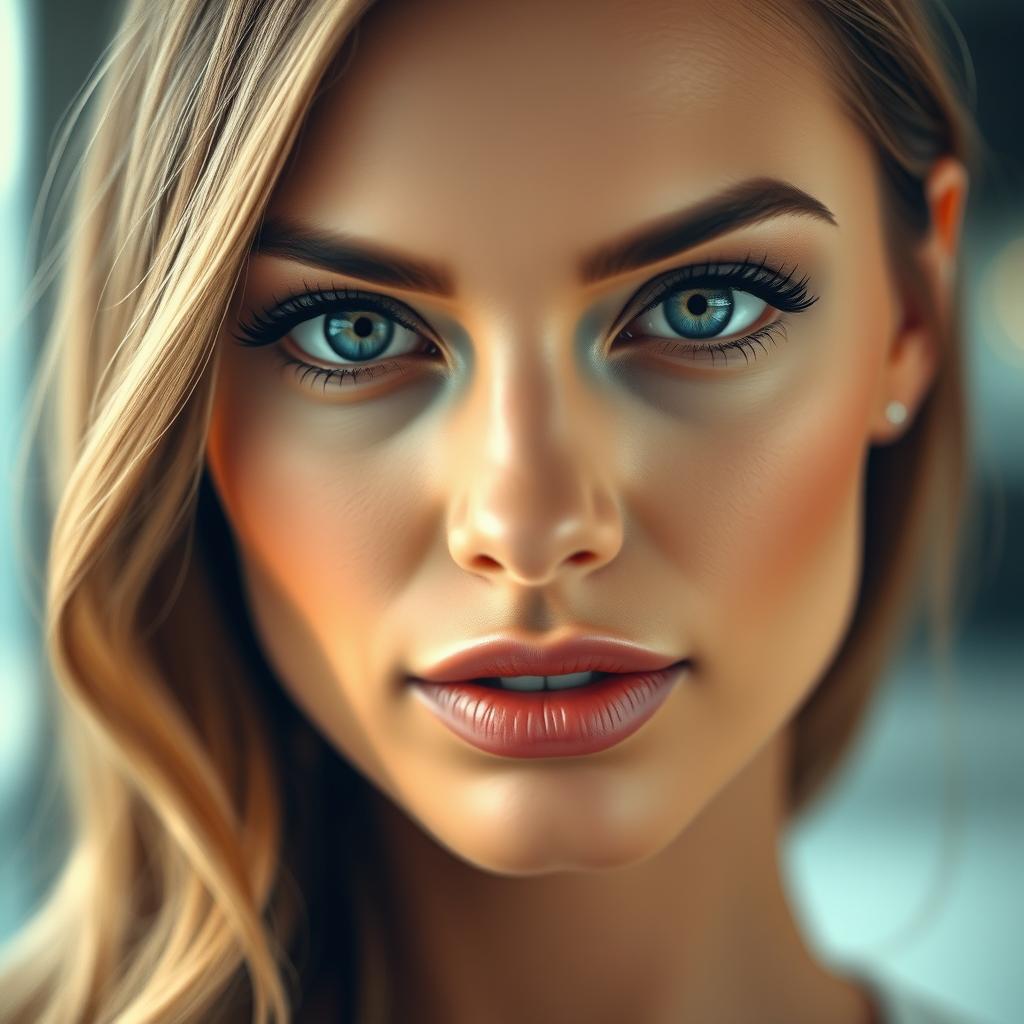 A close-up portrait of a striking woman with captivating features, focusing on her exquisite facial structure