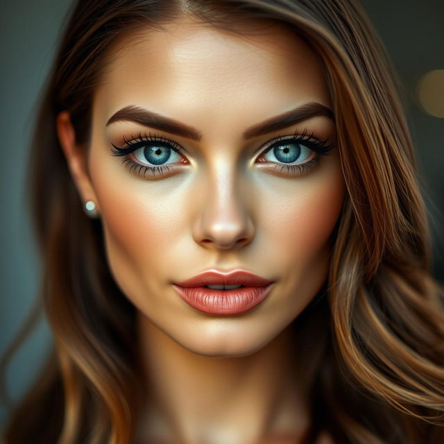 A close-up portrait of a striking woman with captivating features, focusing on her exquisite facial structure