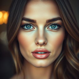 A close-up portrait of a striking woman with captivating features, focusing on her exquisite facial structure