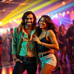 A vibrant dance scene featuring a man and a woman energetically dancing together in a lively atmosphere