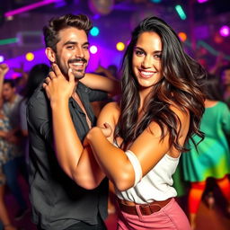 A vibrant dance scene featuring a man and a woman energetically dancing together in a lively atmosphere