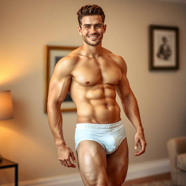 A handsome man in his underwear, confidently posing to accentuate his attractive physique