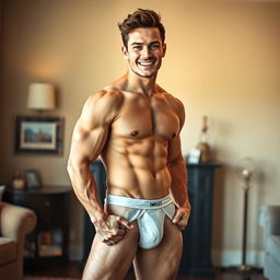 A handsome man in his underwear, confidently posing to accentuate his attractive physique
