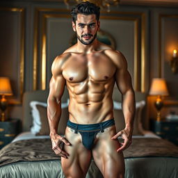 A handsome man depicted almost nude, showcasing a prominent bulge in the crotch area