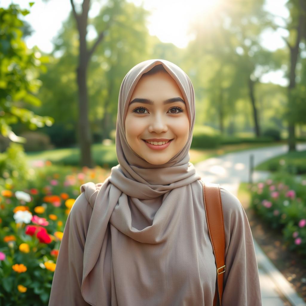 A close-up photo of a fashionable woman wearing a hijab, featuring cute and playful facial expressions, walking through a vibrant park filled with lush greenery and colorful flowers