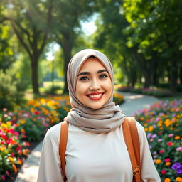 A close-up photo of a fashionable woman wearing a hijab, featuring cute and playful facial expressions, walking through a vibrant park filled with lush greenery and colorful flowers