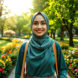 A close-up photo of a fashionable woman wearing a hijab, featuring cute and playful facial expressions, walking through a vibrant park filled with lush greenery and colorful flowers