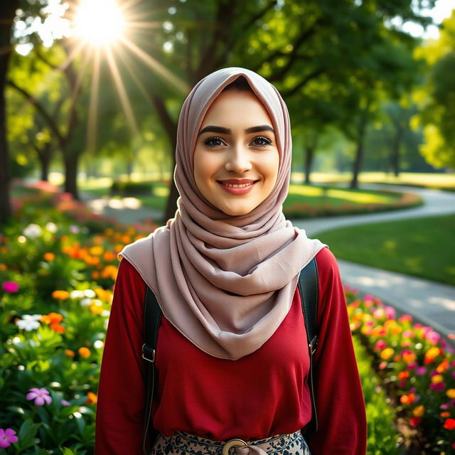 A close-up photo of a fashionable woman wearing a hijab, featuring cute and playful facial expressions, walking through a vibrant park filled with lush greenery and colorful flowers