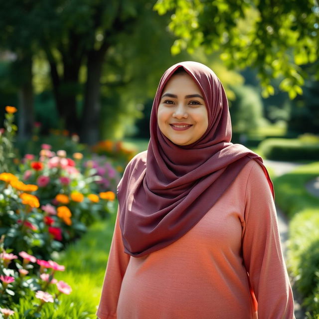 A close-up shot of a woman wearing a hijab, with a slightly plump body, walking along a garden path