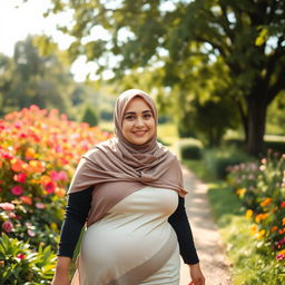 A close-up shot of a woman wearing a hijab, with a slightly plump body, walking along a garden path