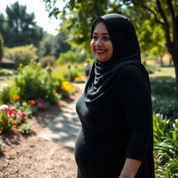 A close-up shot of a woman wearing a hijab, with a slightly plump body, walking along a garden path