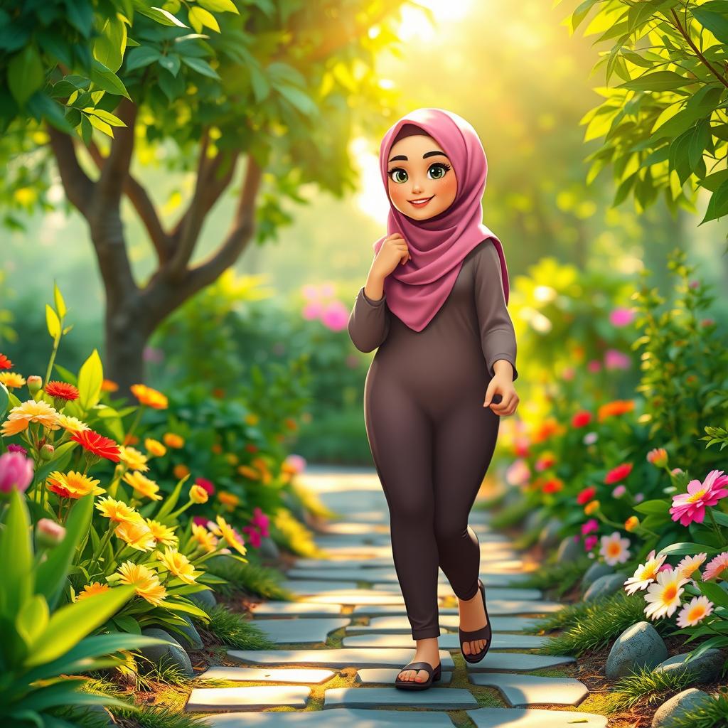 A vibrant HD animation of a slightly curvy woman wearing a hijab, strolling through a beautiful garden