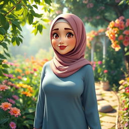 A vibrant HD animation of a slightly curvy woman wearing a hijab, strolling through a beautiful garden