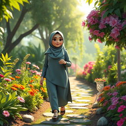 A vibrant HD animation of a slightly curvy woman wearing a hijab, strolling through a beautiful garden