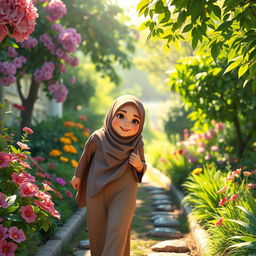 A vibrant HD animation of a slightly curvy woman wearing a hijab, strolling through a beautiful garden