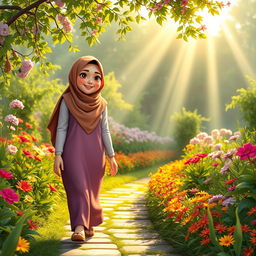 A vibrant HD animation of a slightly curvy woman wearing a hijab, leisurely walking through a picturesque garden