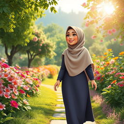 A vibrant HD animation of a slightly curvy woman wearing a hijab, leisurely walking through a picturesque garden