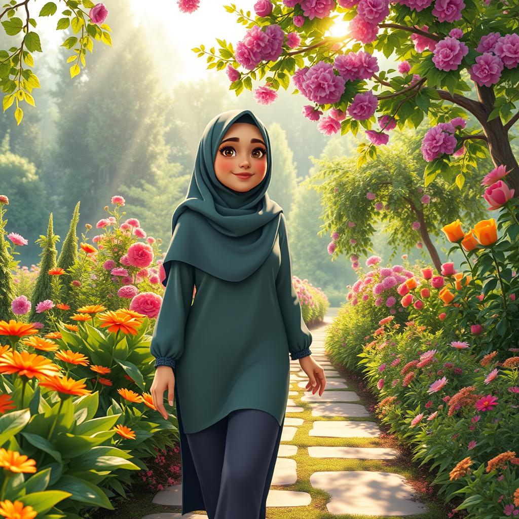 A vibrant HD animation of a slightly curvy woman wearing a hijab, leisurely walking through a picturesque garden