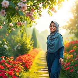 A vibrant HD animation of a slightly curvy woman wearing a hijab, leisurely walking through a picturesque garden